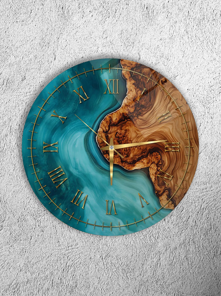446.	KIRILMAZ CAM DUVAR SAATİ, MAVİ REÇİNE VE DOĞAL AHŞAP SANAT TASARIMI, HEM TABLO HEM SAAT EV OFİS HEDİYESİ