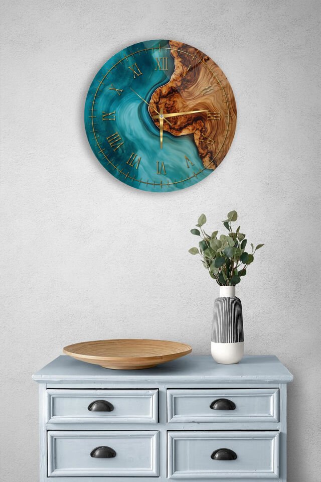 446.	KIRILMAZ CAM DUVAR SAATİ, MAVİ REÇİNE VE DOĞAL AHŞAP SANAT TASARIMI, HEM TABLO HEM SAAT EV OFİS HEDİYESİ