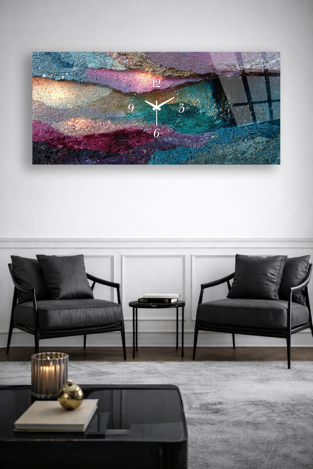 KIRILMAZ CAM DUVAR SAATİ , HEM TABLO HEM SAAT SOYUT MOZAİK RENKLİ TASARIM EV OFİS HEDİYESİ