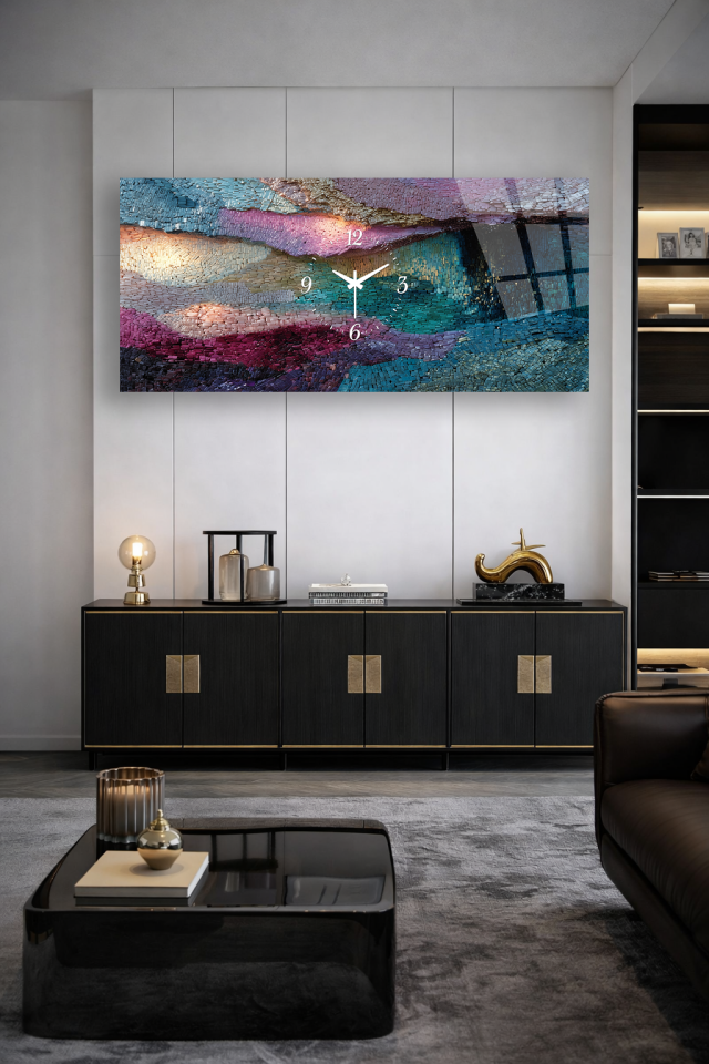 KIRILMAZ CAM DUVAR SAATİ , HEM TABLO HEM SAAT SOYUT MOZAİK RENKLİ TASARIM EV OFİS HEDİYESİ