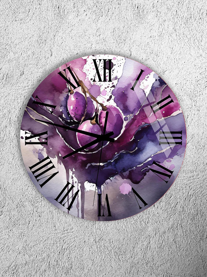 KIRILMAZ CAM DUVAR SAATİ, HEM TABLO HEM SAAT MOR SULU BOYA ÇİÇEK SANATSAL ROMEN RAKAM TASARIM EV OFİS HEDİYESİ
