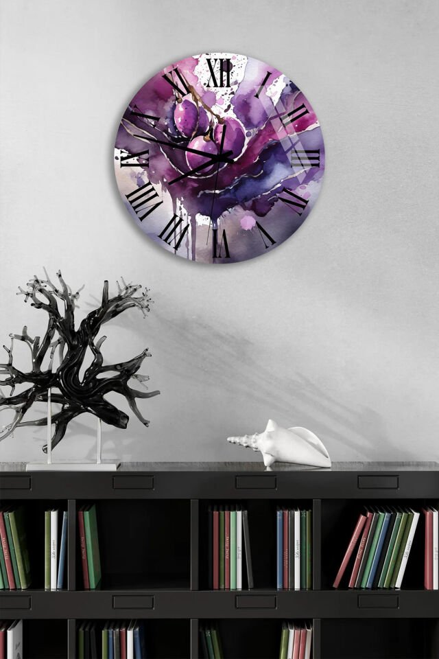 KIRILMAZ CAM DUVAR SAATİ, HEM TABLO HEM SAAT MOR SULU BOYA ÇİÇEK SANATSAL ROMEN RAKAM TASARIM EV OFİS HEDİYESİ