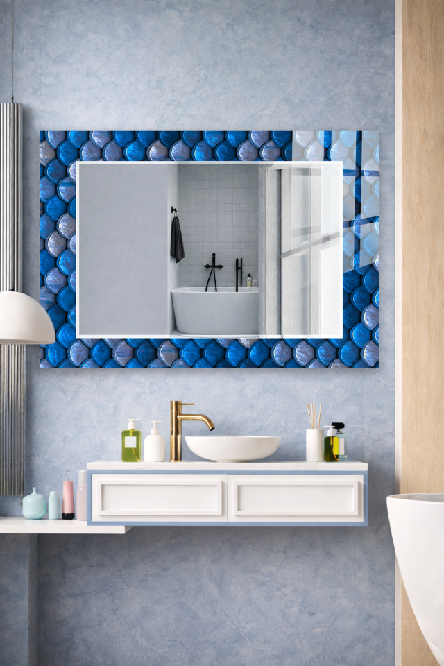 HEM TABLO HEM AYNA MAVİ ÖRÜNTÜ SANAT SOYUT CAM DUVAR AYNASI EV DEKORU