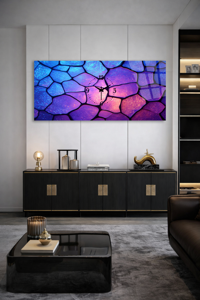 KIRILMAZ CAM DUVAR SAATİ , HEM TABLO HEM SAAT MAVİ MOR MOZAIK CAM DOKU SOYUT EV OFİS HEDİYESİ