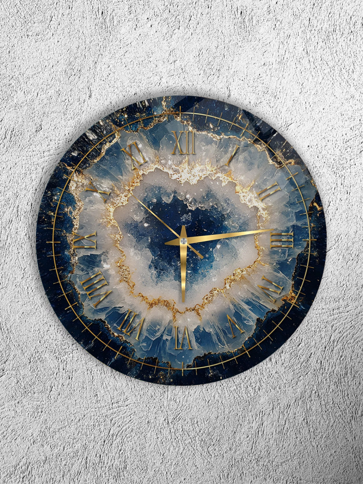 KIRILMAZ CAM DUVAR SAATİ, MAVİ JEOT VE ALTIN DAMARLI DOĞAL TAŞ TASARIMI, HEM TABLO HEM SAAT EV OFİS HEDİYESİ