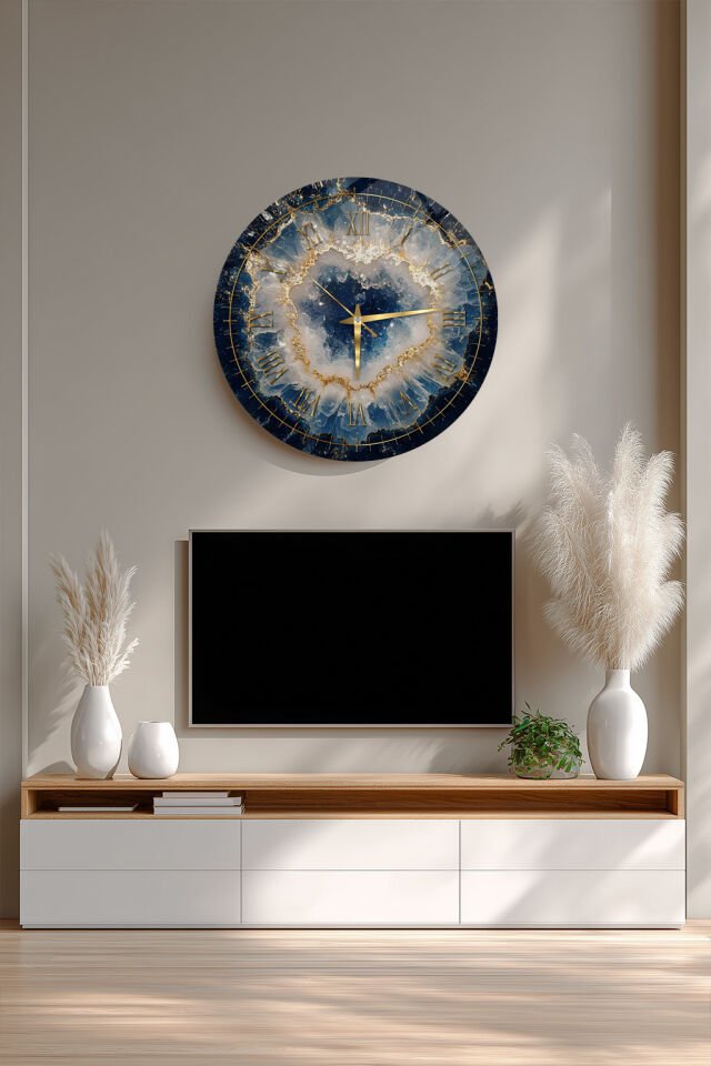 KIRILMAZ CAM DUVAR SAATİ, MAVİ JEOT VE ALTIN DAMARLI DOĞAL TAŞ TASARIMI, HEM TABLO HEM SAAT EV OFİS HEDİYESİ