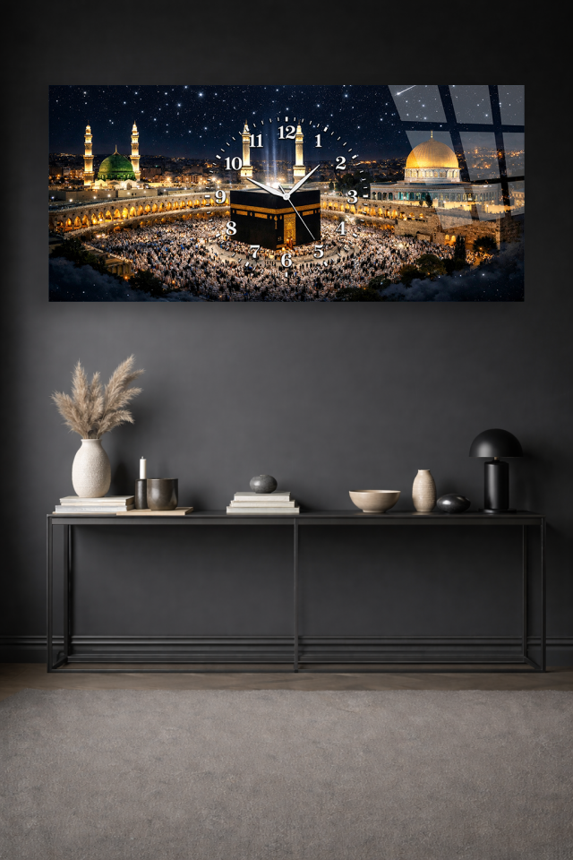 KIRILMAZ CAM DUVAR SAATİ , HEM TABLO HEM SAAT KABE MANZARALI GECE TASARIMI EV OFİS HEDİYESİ