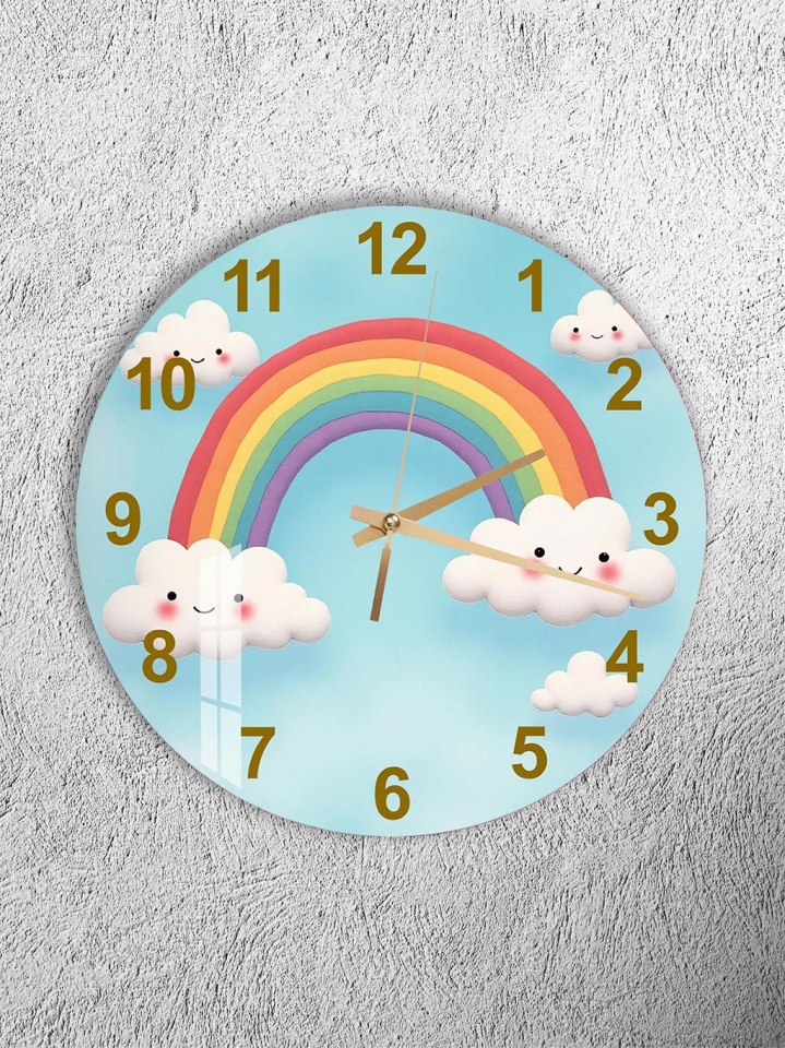 KIRILMAZ CAM DUVAR SAATİ, HEM TABLO HEM SAAT GÖKKUŞAĞI BULUTLAR ÇOCUK ODASI SEVİMLİ TASARIM EV OFİS HEDİYESİ