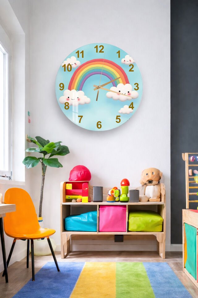 KIRILMAZ CAM DUVAR SAATİ, HEM TABLO HEM SAAT GÖKKUŞAĞI BULUTLAR ÇOCUK ODASI SEVİMLİ TASARIM EV OFİS HEDİYESİ