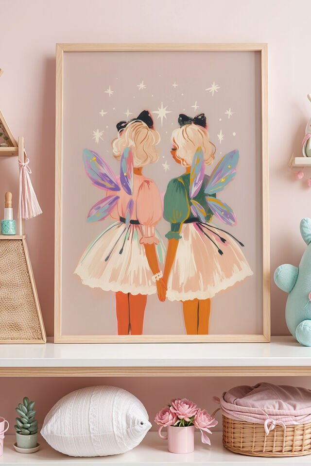 DOĞAL AHŞAP - El Ele Tutuşan Renkli Peri Kızlar İllüstrasyon Çocuk Odası Ahşap Çerçeveli Duvar Tablosu