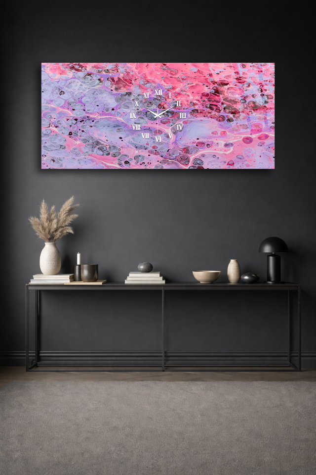 KIRILMAZ CAM DUVAR SAATİ , HEM TABLO HEM SAAT PEMBE MERMER AKIŞLI SANATSAL DESEN EV OFİS HEDİYESİ