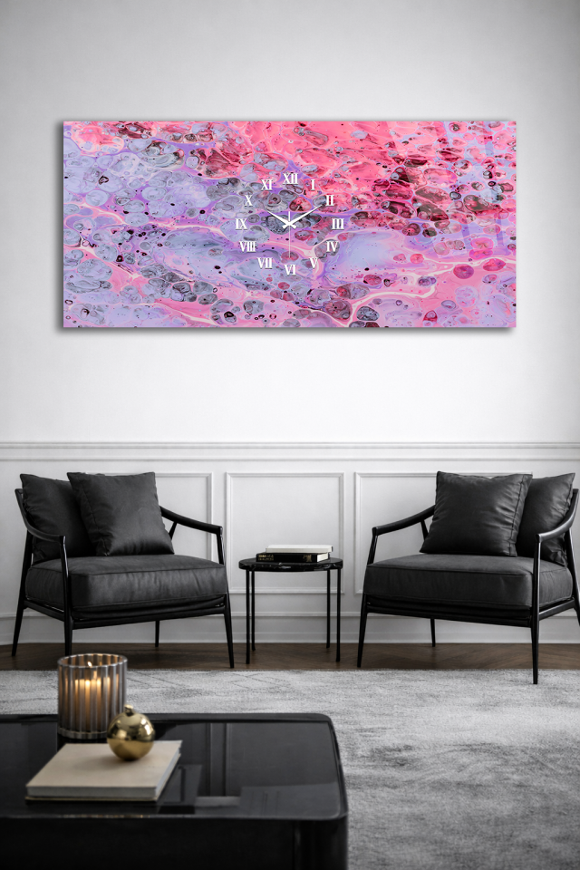 KIRILMAZ CAM DUVAR SAATİ , HEM TABLO HEM SAAT PEMBE MERMER AKIŞLI SANATSAL DESEN EV OFİS HEDİYESİ