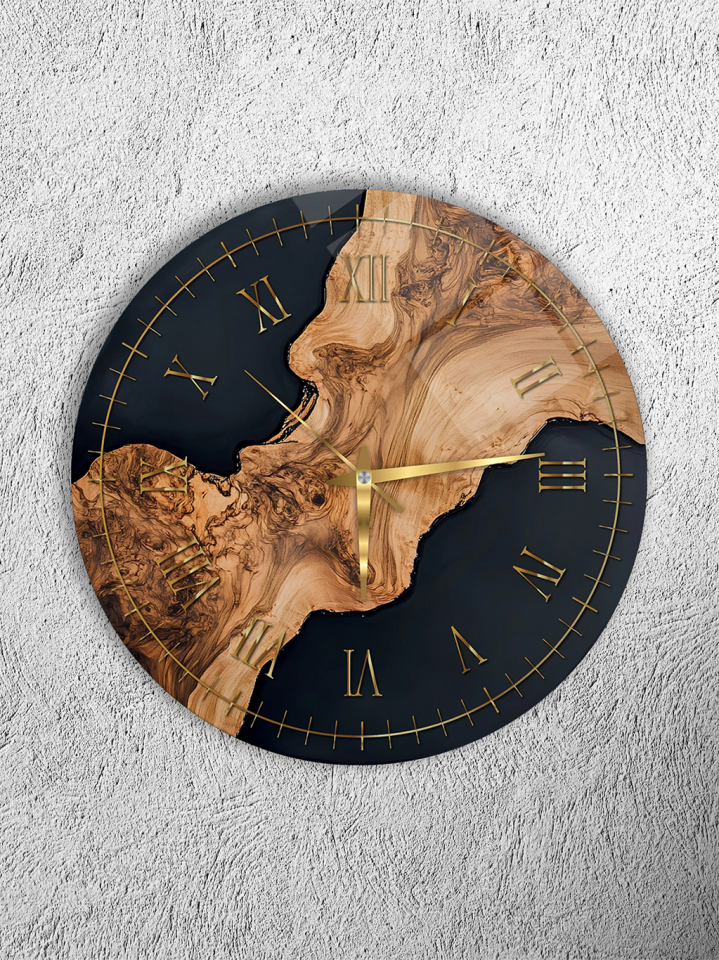 KIRILMAZ CAM DUVAR SAATİ, DOĞAL AHŞAP VE SİYAH MODERN KOMPOZİSYON TASARIMI, HEM TABLO HEM SAAT EV OFİS HEDİYESİ
