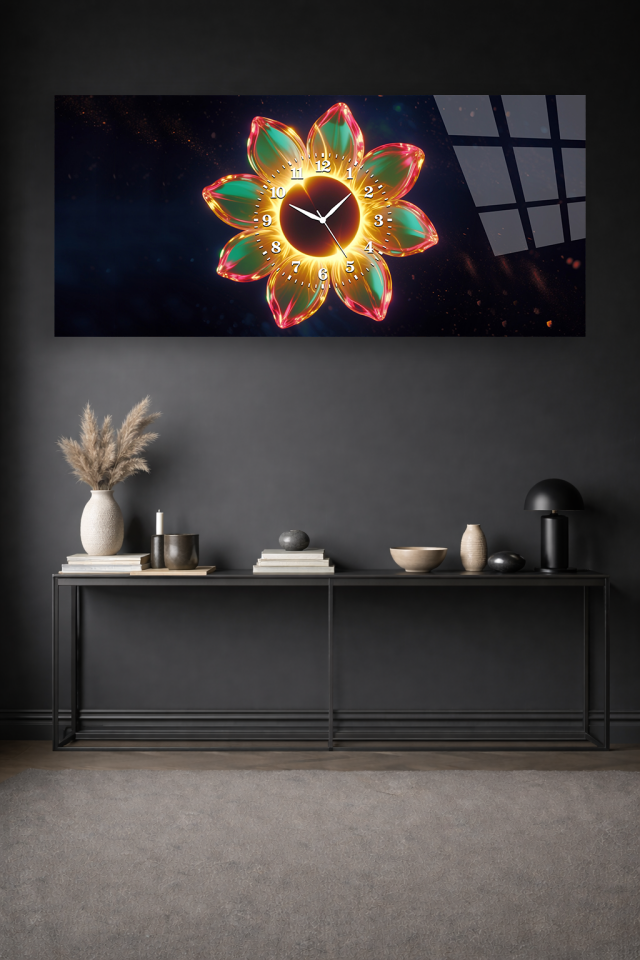 KIRILMAZ CAM DUVAR SAATİ, HEM TABLO HEM SAAT IŞIKLI ÇİÇEK FÜTÜRİSTİK TASARIM EV OFİS HEDİYESİ