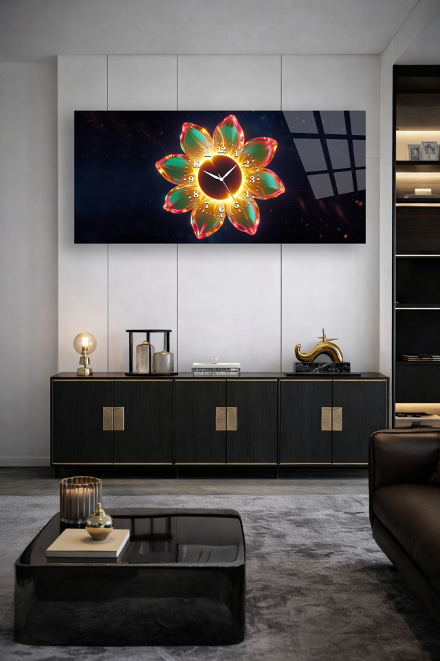 KIRILMAZ CAM DUVAR SAATİ, HEM TABLO HEM SAAT IŞIKLI ÇİÇEK FÜTÜRİSTİK TASARIM EV OFİS HEDİYESİ