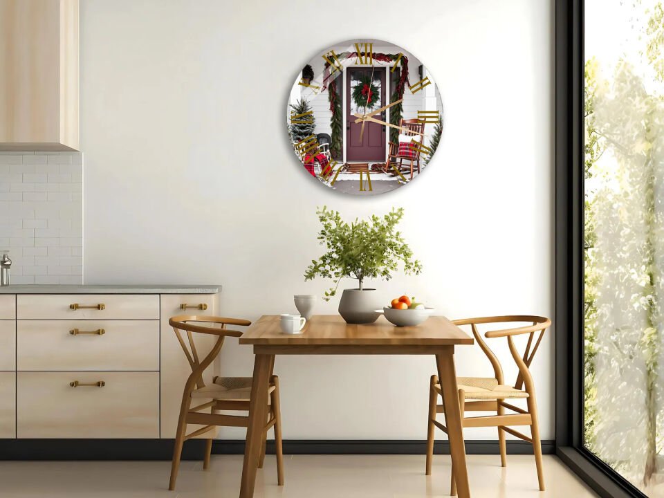 KIRILMAZ CAM DUVAR SAATİ, HEM TABLO HEM SAAT YILBAŞI KAPI ÇELENKLİ KIŞ DEKORU ROMEN RAKAM TASARIM EV OFİS HEDİYESİ