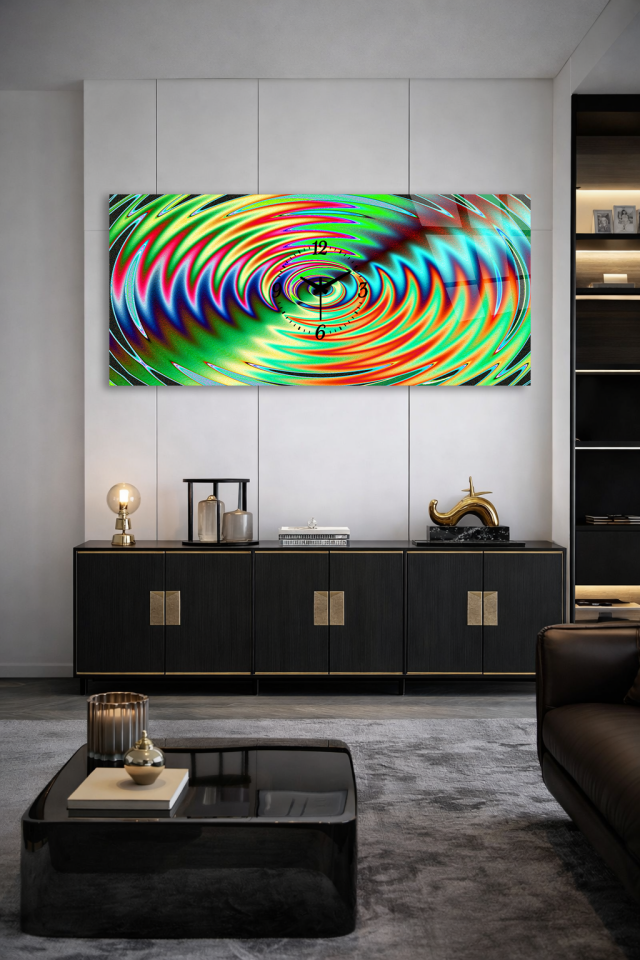 KIRILMAZ CAM DUVAR SAATİ , HEM TABLO HEM SAAT PSİKEDELİK RENK SPİRAL TASARIM EV OFİS HEDİYESİ