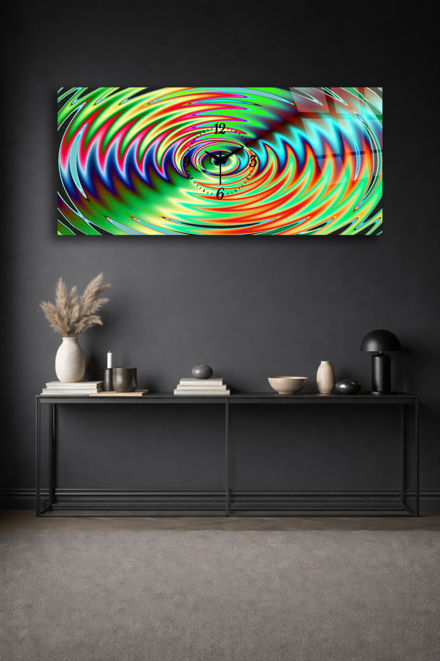 KIRILMAZ CAM DUVAR SAATİ , HEM TABLO HEM SAAT PSİKEDELİK RENK SPİRAL TASARIM EV OFİS HEDİYESİ