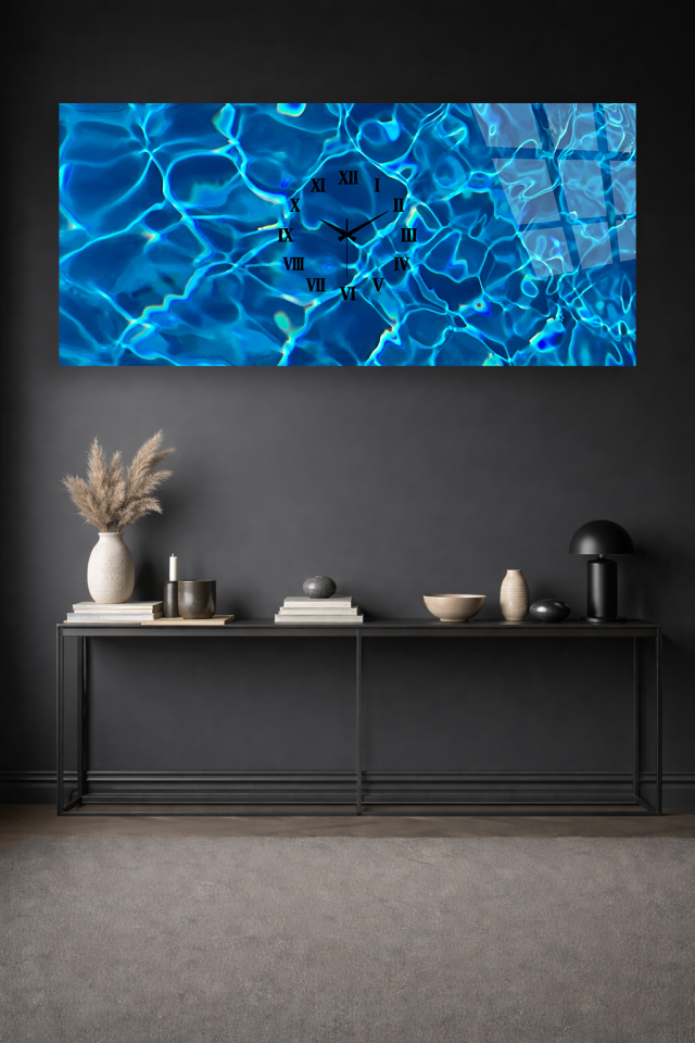 KIRILMAZ CAM DUVAR SAATİ , HEM TABLO HEM SAAT MAVİ SU DALGA DESENİ EV OFİS HEDİYESİ