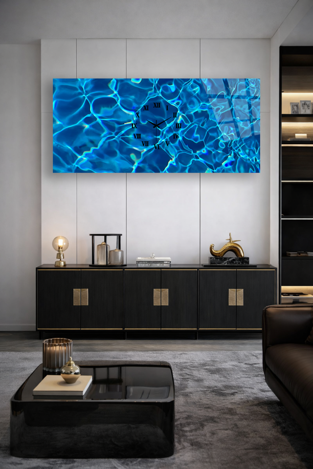 KIRILMAZ CAM DUVAR SAATİ , HEM TABLO HEM SAAT MAVİ SU DALGA DESENİ EV OFİS HEDİYESİ