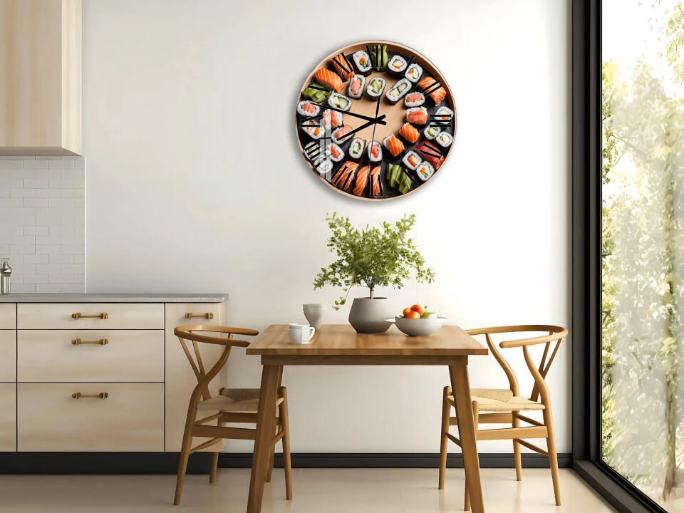 KIRILMAZ CAM DUVAR SAATİ, HEM TABLO HEM SAAT SUŞİ TEMALI MUTFAK DEKORU YARATICI TASARIM EV OFİS HEDİYESİ