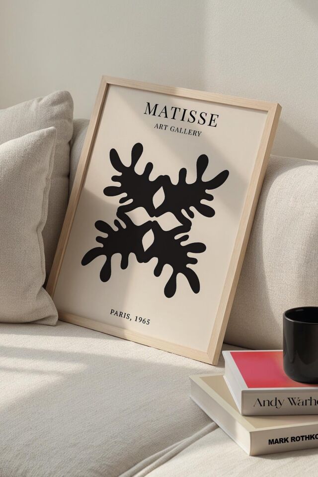 DOĞAL AHŞAP - Botanik Serisi Siyah Çiçekli Minimalist Matisse Doğal Ahşap Çerçeveli Duvar Tablosu