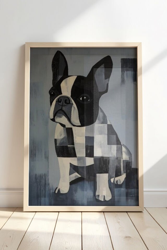 DOĞAL AHŞAP - Soyut Fransız Bulldog Sanat Baskısı Ahşap Çerçeveli Duvar Tablosu