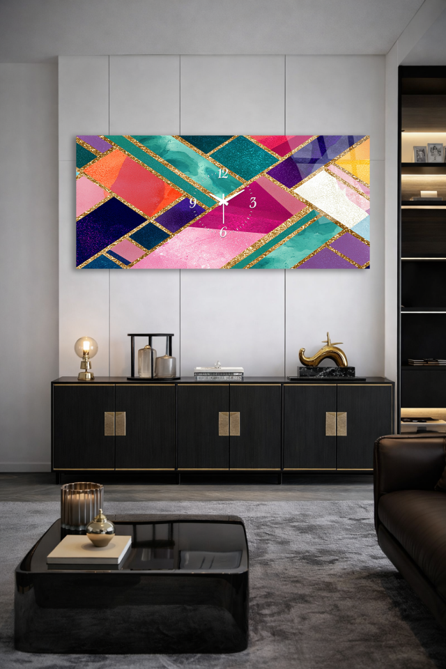 KIRILMAZ CAM DUVAR SAATİ , HEM TABLO HEM SAAT GEOMETRİK ALTIN ÇİZGİ RENKLİ MODERN EV OFİS HEDİYESİ