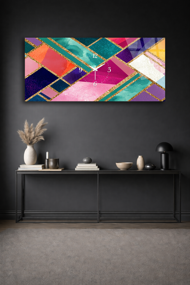 KIRILMAZ CAM DUVAR SAATİ , HEM TABLO HEM SAAT GEOMETRİK ALTIN ÇİZGİ RENKLİ MODERN EV OFİS HEDİYESİ