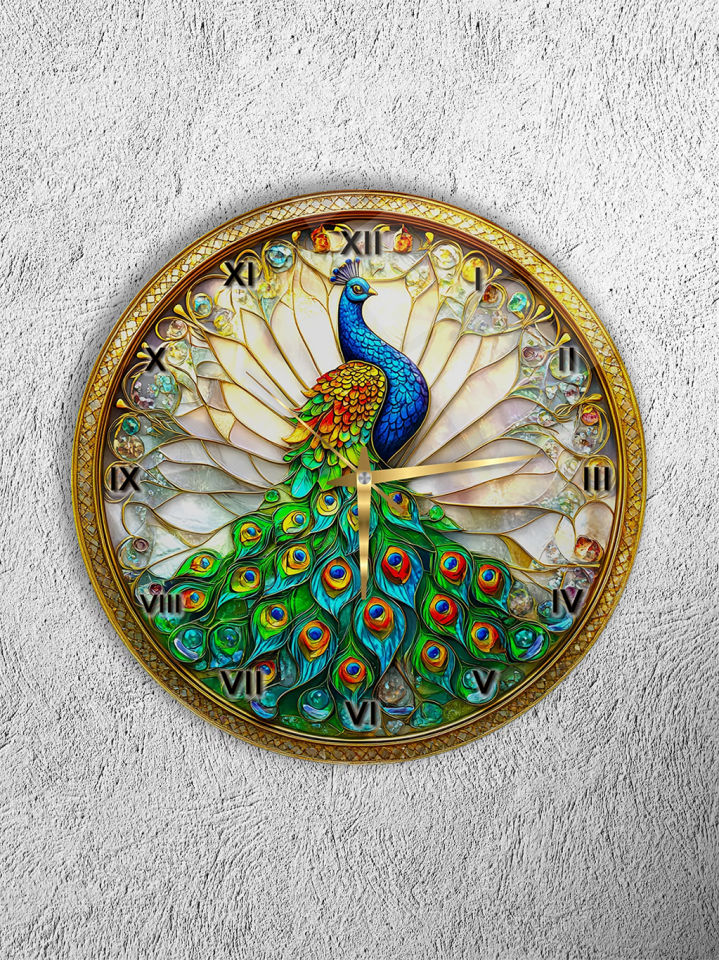 KIRILMAZ CAM DUVAR SAATİ, TAVUS KUŞU VE VİTRAY SANAT TASARIMI, HEM TABLO HEM SAAT EV OFİS HEDİYESİ