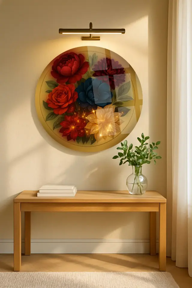 HARİKA IŞILTILI ÇİÇEKLER KIRILMAZ YUVARLAK CAM TABLO LÜKS EV HEDİYESİ ULTRA CANLI RENKLİ Krem