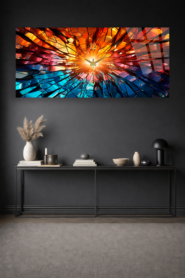 KIRILMAZ CAM DUVAR SAATİ , HEM TABLO HEM SAAT SOYUT RENK PATLAMASI TASARIM EV OFİS HEDİYESİ