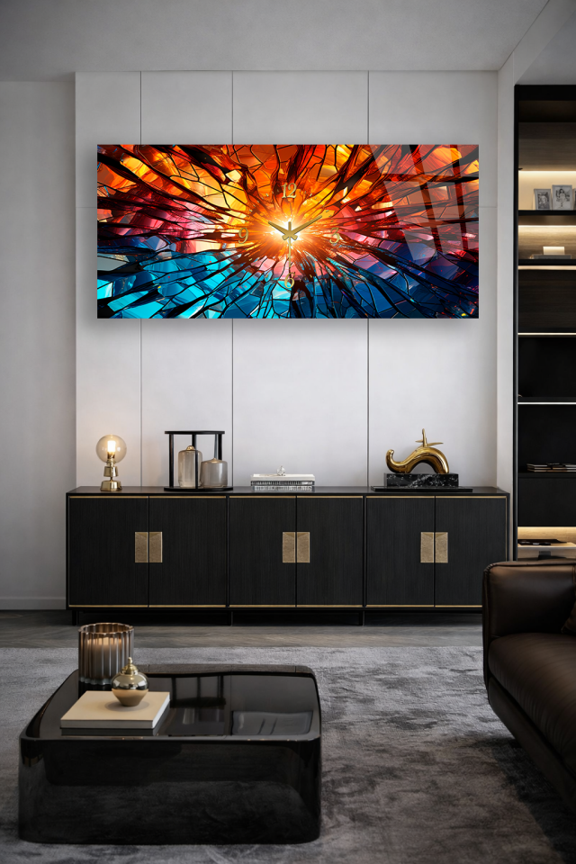 KIRILMAZ CAM DUVAR SAATİ , HEM TABLO HEM SAAT SOYUT RENK PATLAMASI TASARIM EV OFİS HEDİYESİ