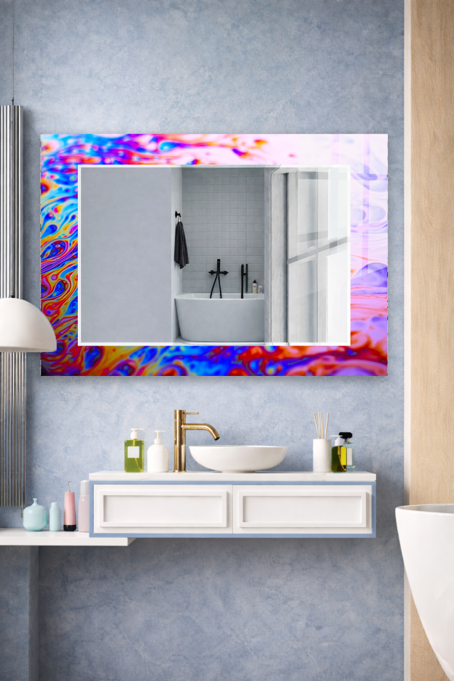 HEM TABLO HEM AYNA MOR MAVİ KIRMIZI SOYUT CAM DUVAR AYNASI EV DEKORU