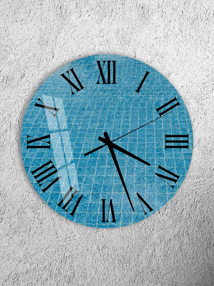 KIRILMAZ CAM DUVAR SAATİ, HEM TABLO HEM SAAT MAVİ MOZAIK HAVUZ DESENİ ROMEN RAKAM TASARIM EV OFİS HEDİYESİ
