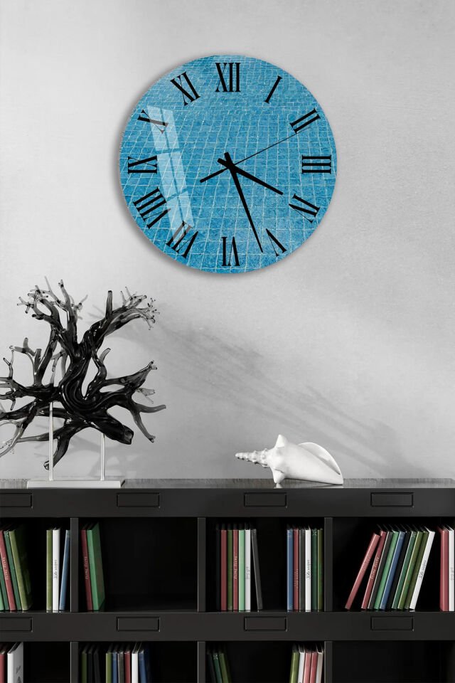 KIRILMAZ CAM DUVAR SAATİ, HEM TABLO HEM SAAT MAVİ MOZAIK HAVUZ DESENİ ROMEN RAKAM TASARIM EV OFİS HEDİYESİ