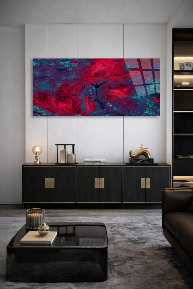 KIRILMAZ CAM DUVAR SAATİ , HEM TABLO HEM SAAT KIRMIZI MAVİ SOYUT SANAT EV OFİS HEDİYESİ