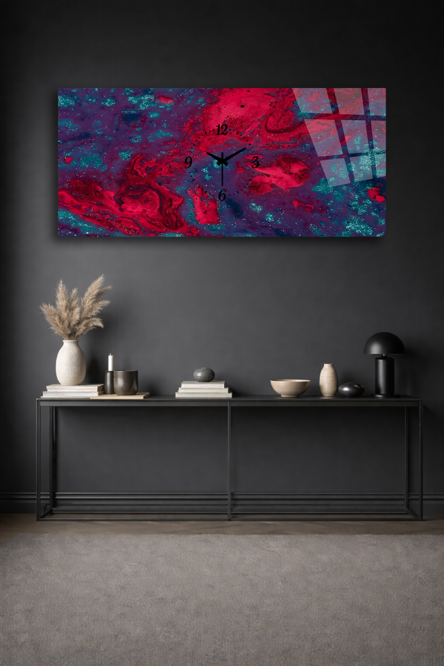 KIRILMAZ CAM DUVAR SAATİ , HEM TABLO HEM SAAT KIRMIZI MAVİ SOYUT SANAT EV OFİS HEDİYESİ