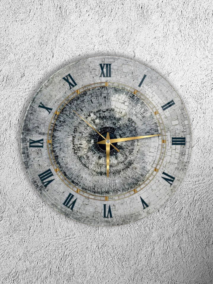 KIRILMAZ CAM DUVAR SAATİ,HEM TABLO HEM SAAT GÜMÜŞ MOZAİK MERMER DESENLİ ROMEN RAKAMLI DEKORATİF SAAT EV OFİS HEDİYESİ