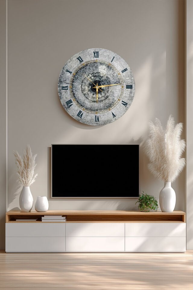 KIRILMAZ CAM DUVAR SAATİ,HEM TABLO HEM SAAT GÜMÜŞ MOZAİK MERMER DESENLİ ROMEN RAKAMLI DEKORATİF SAAT EV OFİS HEDİYESİ