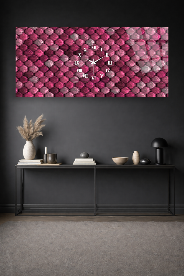 KIRILMAZ CAM DUVAR SAATİ , HEM TABLO HEM SAAT PEMBE PUL DOKULU MODERN EV OFİS HEDİYESİ