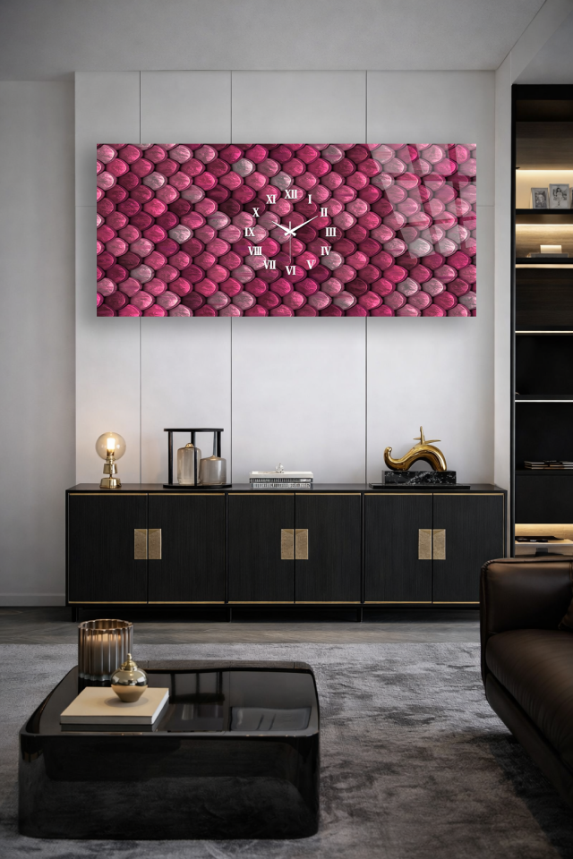 KIRILMAZ CAM DUVAR SAATİ , HEM TABLO HEM SAAT PEMBE PUL DOKULU MODERN EV OFİS HEDİYESİ