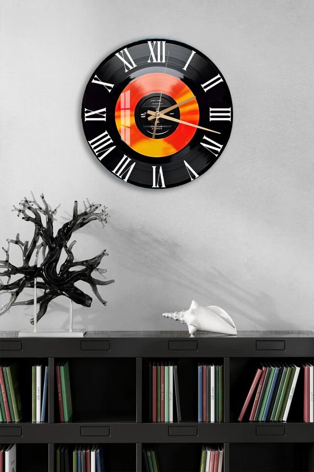 KIRILMAZ CAM DUVAR SAATİ, HEM TABLO HEM SAAT PLAK TASARIMI MÜZİK TEMALI RETRO EV OFİS HEDİYESİ