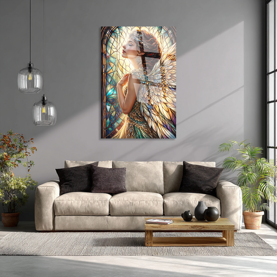 KIRILMAZ CAM TABLO MELEK KADIN VİTRAY SANATI LÜKS DEKORATİF TASARIM