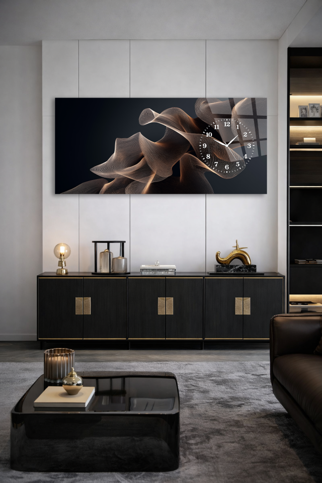 KIRILMAZ CAM DUVAR SAATİ , HEM TABLO HEM SAAT SOYUT DALGA KUMAŞ DOKU EV OFİS HEDİYESİ