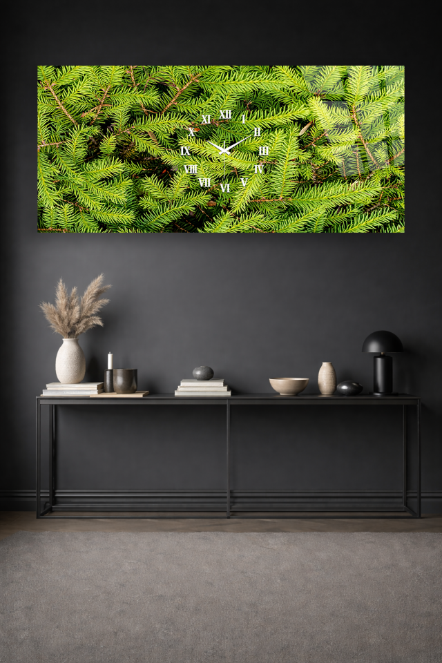 KIRILMAZ CAM DUVAR SAATİ , HEM TABLO HEM SAAT YEŞİL YAPRAK DOĞA TEMASI EV OFİS HEDİYESİ