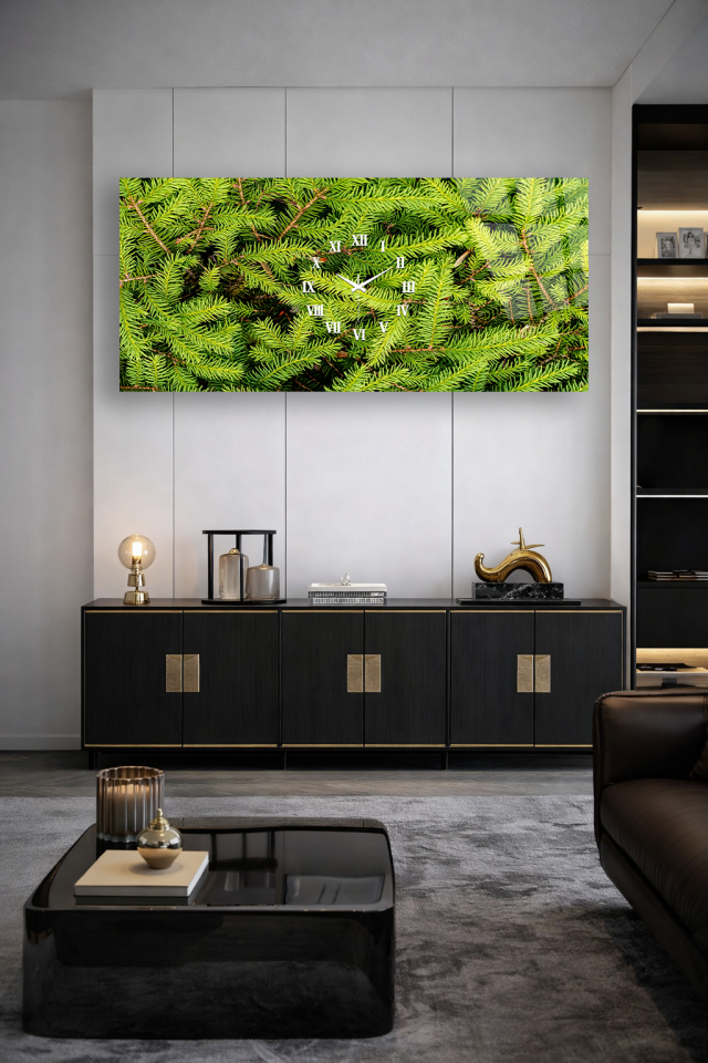 KIRILMAZ CAM DUVAR SAATİ , HEM TABLO HEM SAAT YEŞİL YAPRAK DOĞA TEMASI EV OFİS HEDİYESİ