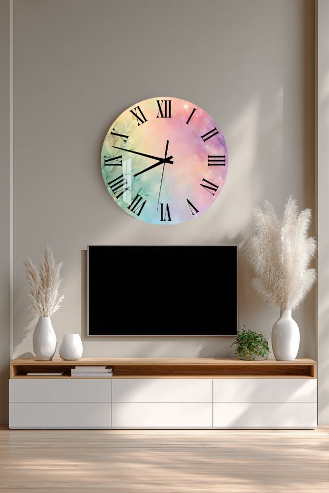 KIRILMAZ CAM DUVAR SAATİ, HEM TABLO HEM SAAT PASTEL GRADYAN DOĞA YAPRAK ROMEN RAKAM EV OFİS HEDİYESİ