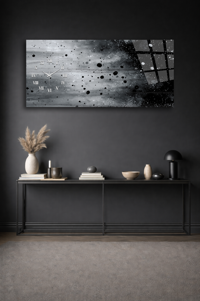 KIRILMAZ CAM DUVAR SAATİ , HEM TABLO HEM SAAT SİYAH BEYAZ MODERN SOYUT EV OFİS HEDİYESİ
