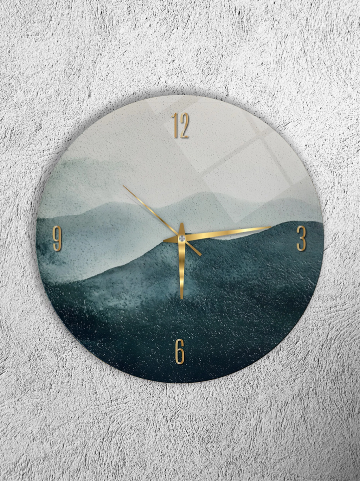 KIRILMAZ CAM DUVAR SAATİ,HEM TABLO HEM SAAT MİNİMALİST DAĞ MANZARASI SOFT TONLAR MODERN SAAT EV OFİS HEDİYESİ
